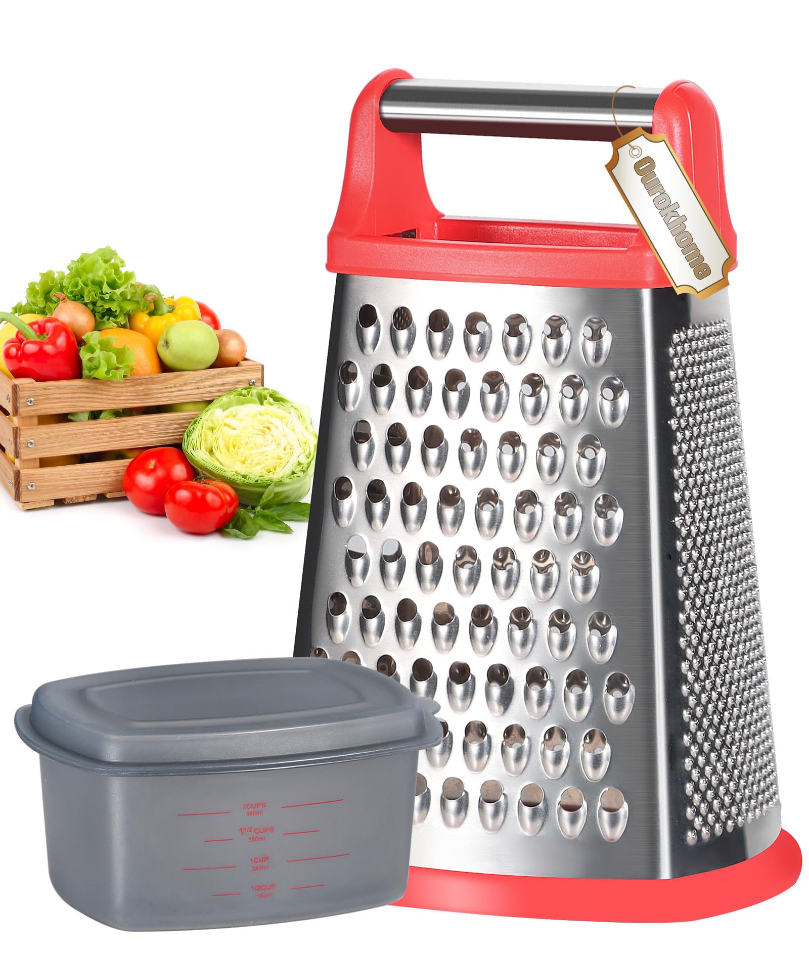 Ourokhome Cheese Grater with Handle, Stainless Steel Box Grater, 4 Side Kitchen Vegetable Shredder Slicer Zester with Container for Parmesan, Cabbage, Ginger, Lemon, Chocolate, Coconut (Red)