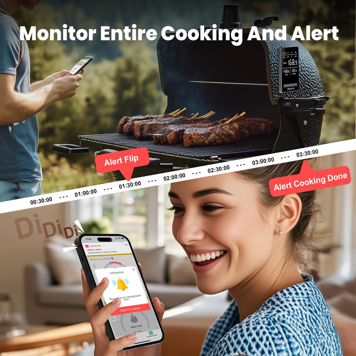 BBQOVN Smart WiFi Wireless Meat Thermometer, Sub-1G Long Range 1000FT, 7 NIST Certified Sensors in 1 Thinner Probe ±0.5℉ Accuracy, Standalone Base with App