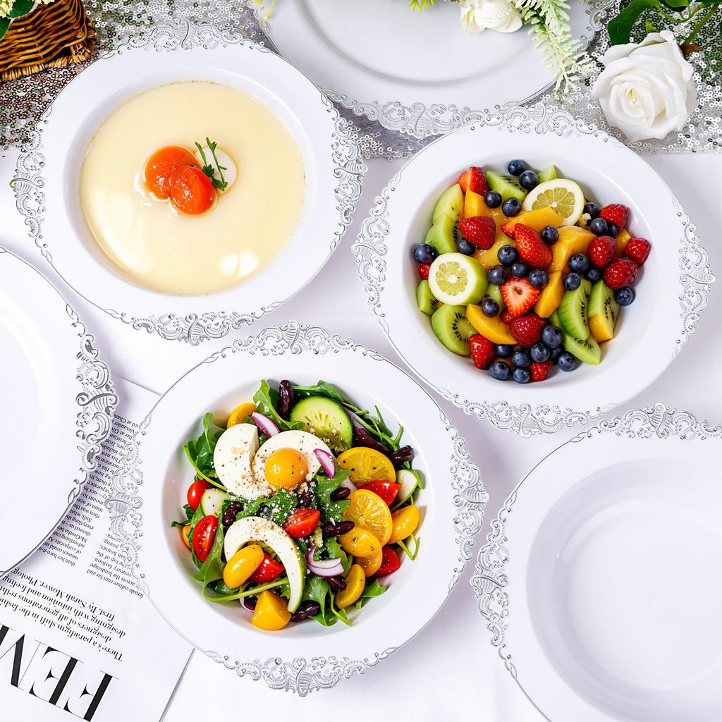 Joyido 100PCS Silver Plastic Bowls - 12 oz Silver Disposable Salad Bowls - Heavy Duty Disposable Soup Bowl - Fancy Plastic Ice Cream Bowl for Weddings Parties Dinners Picnics
