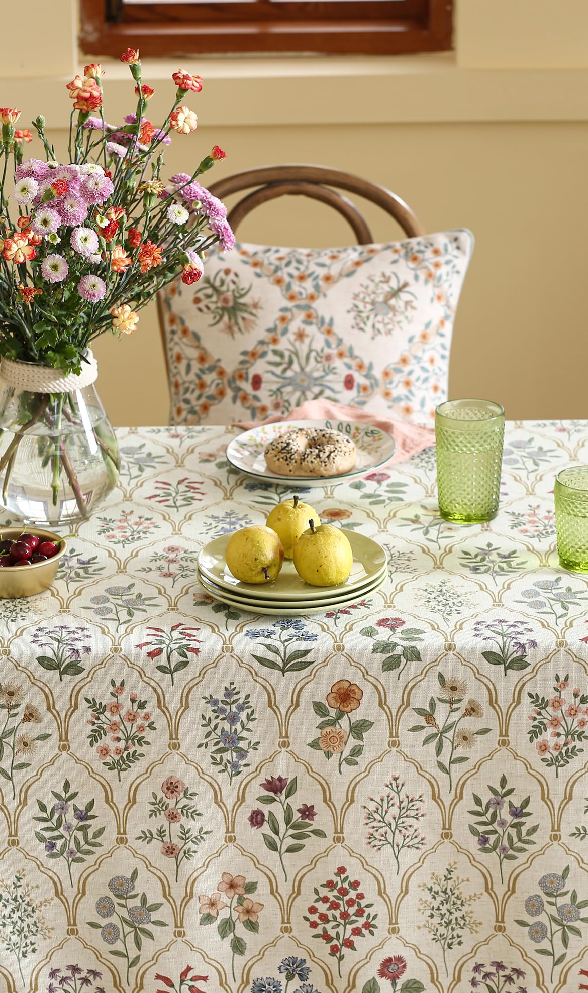 ISAENNE Designer Vintage Linen Rectangular Tablecloth,110"x63"-Serenity B