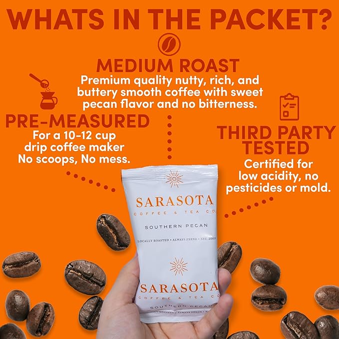 Sarasota Coffee Ground Packets | Gourmet Flavored Medium Roast Grounds Packs | Southern Texas Butter Pecan | Low Acid Mold Free Bulk Individual Pouches for 12 Cup Coffee Maker | 2 oz Bags, 12 Count