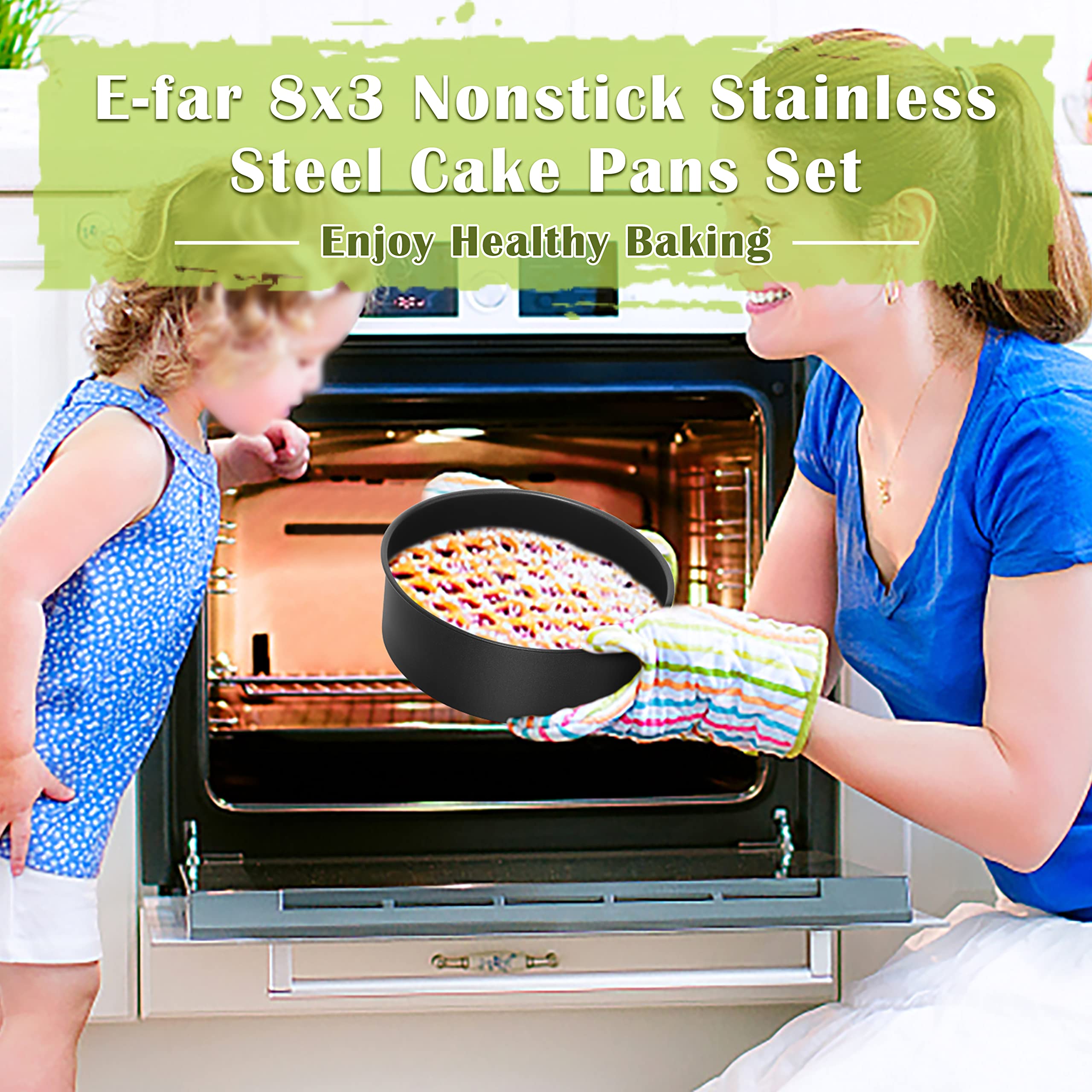 E-far 8 x 3 Inch Cake Pan Set of 3, Nonstick Stainless Steel Round Cake Pans Tin for Baking Birthday Wedding Layer Cakes, Stainless Steel Core & Non-toxic Coating, Deep & Straight Side