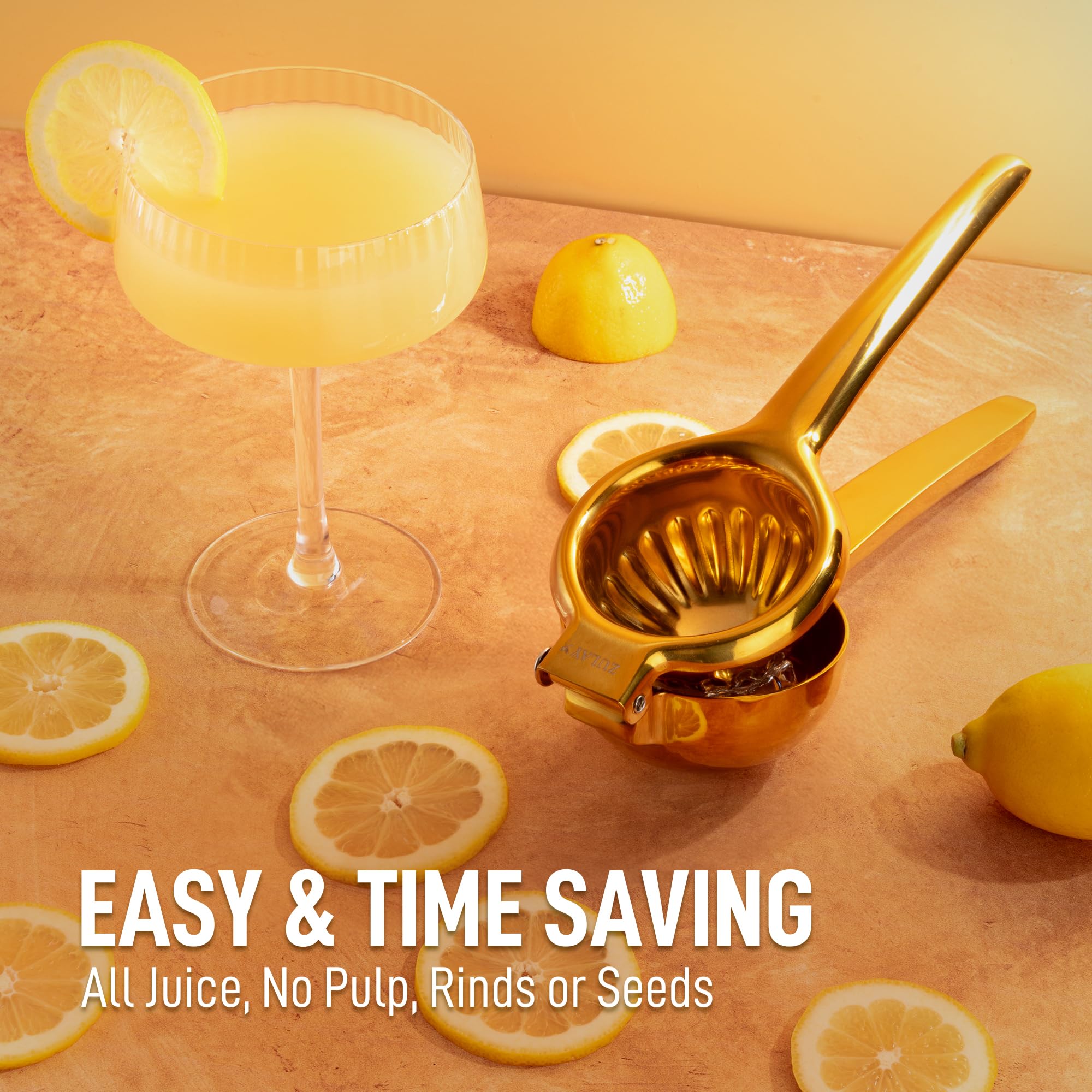 Zulay Kitchen Extra Large Lemon Squeezer Stainless Steel - Easy Squeeze Heavy Duty Lemon Juicer Hand Press - Ergonomic Citrus Squeezer & Fruit Juicer for Small Oranges, Lemons, & Limes - Gold