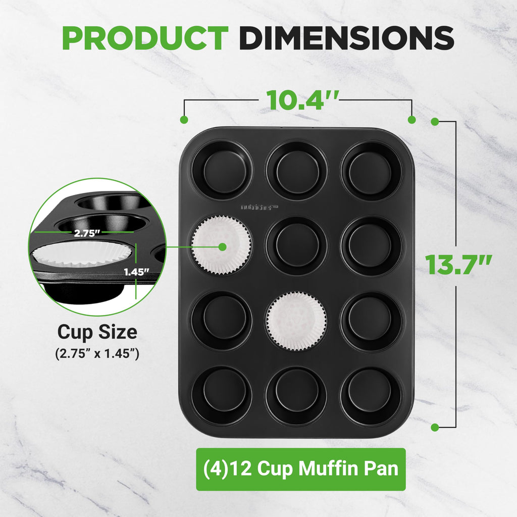 NutriChef Muffin Pans for Baking 4-Pack | Nonstick 12 Mold Cupcake Tins | Carbon Steel Stackable Cup Cake Trays | Dishwasher & Oven Safe | Includes 200 Parchment Paper Liners | 13 x 10 x 1 | Black