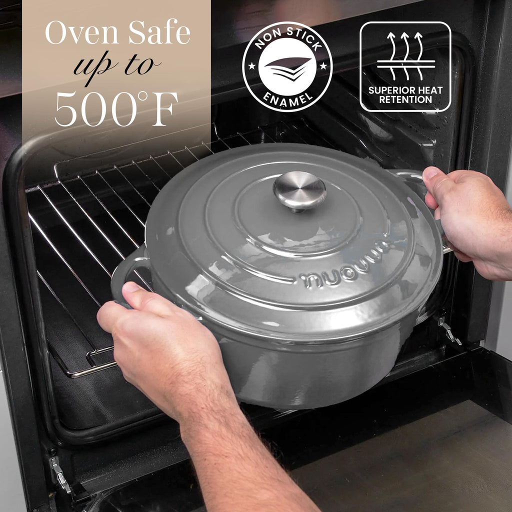 Cast Iron Pot with Lid-Non-Stick Ovenproof Enamelled Casserole Pot, Oven Safe up to 500° F-Sturdy Dutch Oven Cookware - Grey, 5-Quart, 24cm-by Nuovva