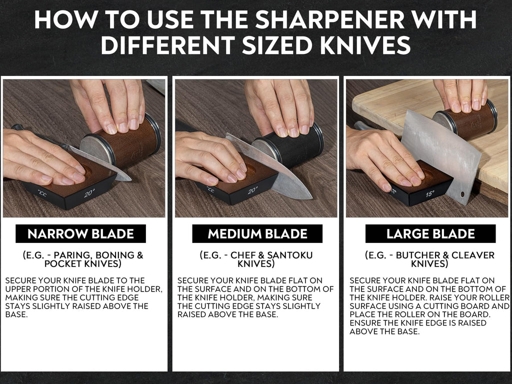 Rolling Knife Sharpener with Leather Strop and 15, 17, 20 & 22 Degree Angles - Knife Sharpener Kit - Roller Knife Sharpening System with Stand, Holder & Eraser - Walnut Brown