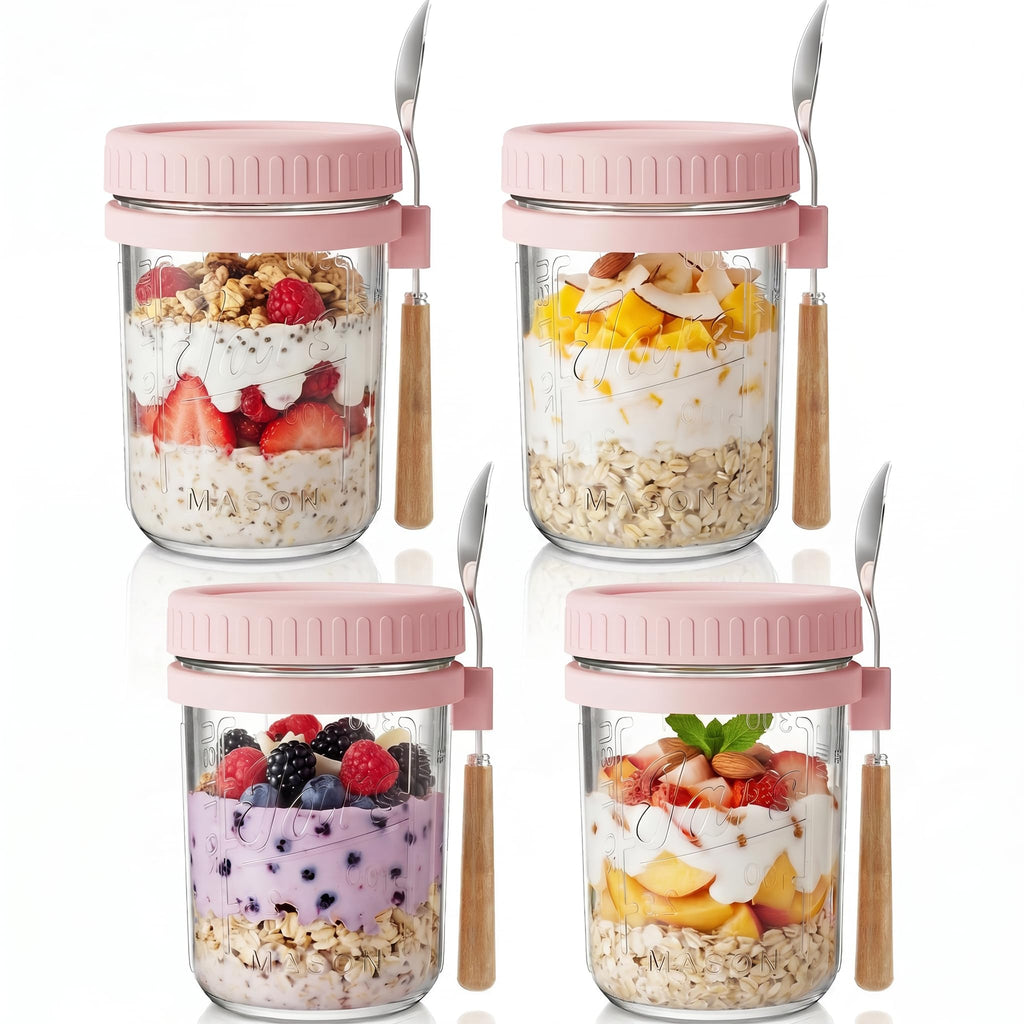 16oz Glass Overnight Oats Containers with Lids and Spoons, 4 Pack Pink