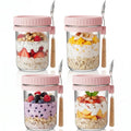 16oz Glass Overnight Oats Containers with Lids and Spoons, 4 Pack Pink