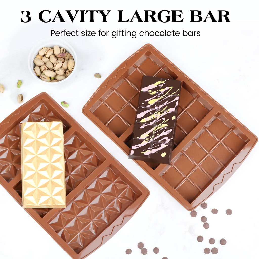KASHME 4 Pcs Chocolate Bar Mold Deep Dubai 0.85 Inch Stuffed Chocolate Molds Silicone Large Break Apart Silicone Molds (10 Snap + Pyramid)