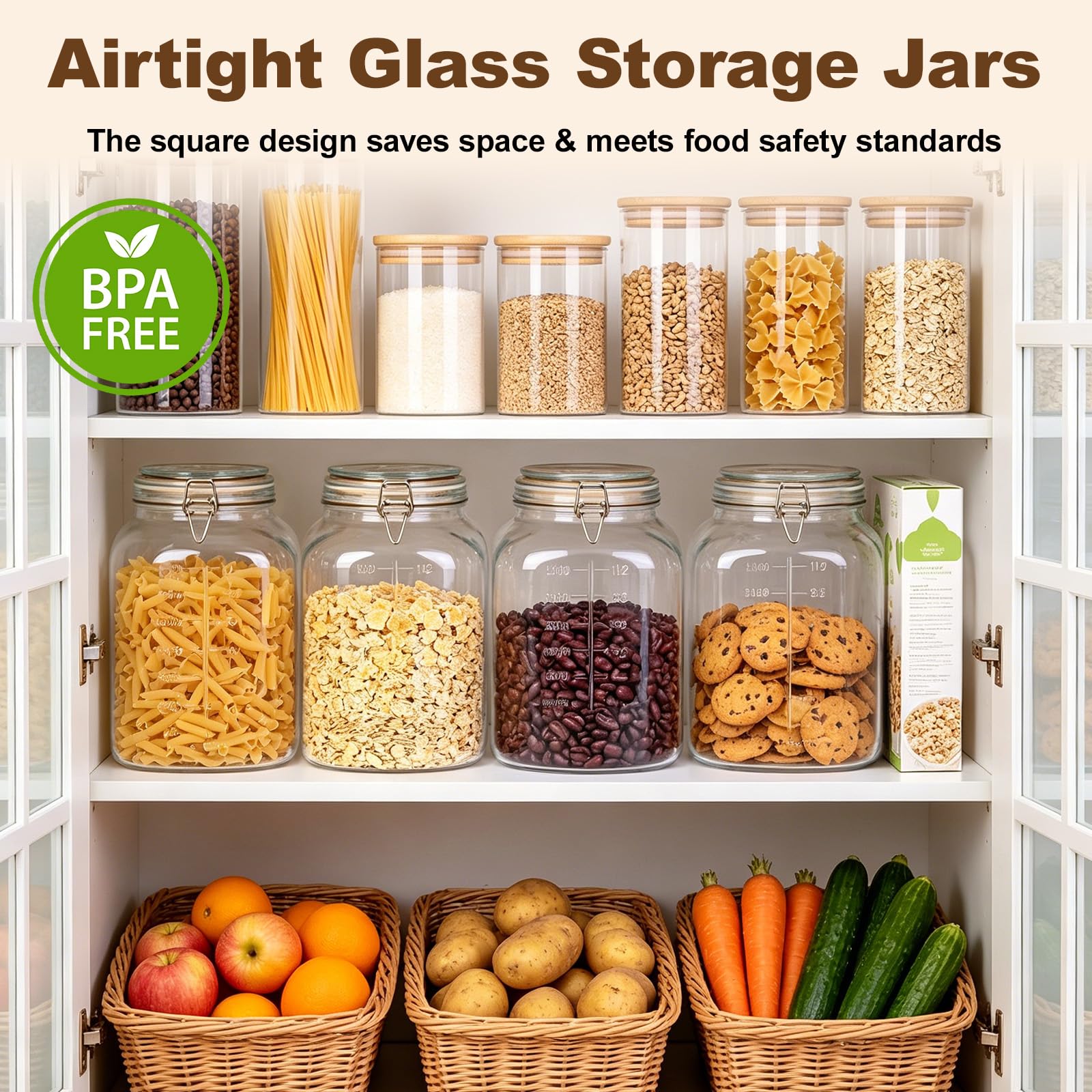 PUSCRIENO 2 Pack 1.1 Gallon Square Super Wide Mouth, Airtight Glass Storage Jars, with Measurement Marks, Leak-Proof Lids for Kitchen Pantry, Canning, Dry Food (Flour, Sugar) & Drinks