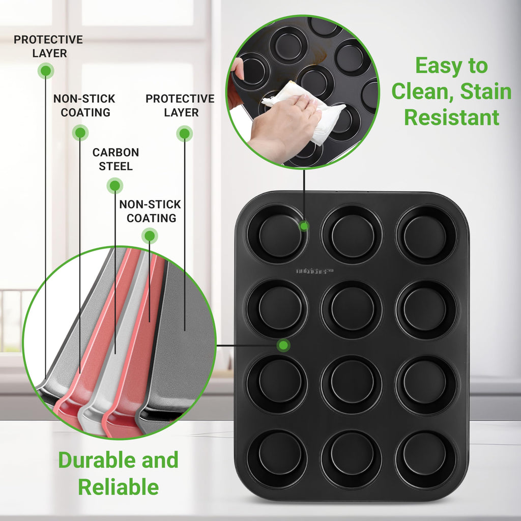 NutriChef Muffin Pans for Baking 4-Pack | Nonstick 12 Mold Cupcake Tins | Carbon Steel Stackable Cup Cake Trays | Dishwasher & Oven Safe | Includes 200 Parchment Paper Liners | 13 x 10 x 1 | Black
