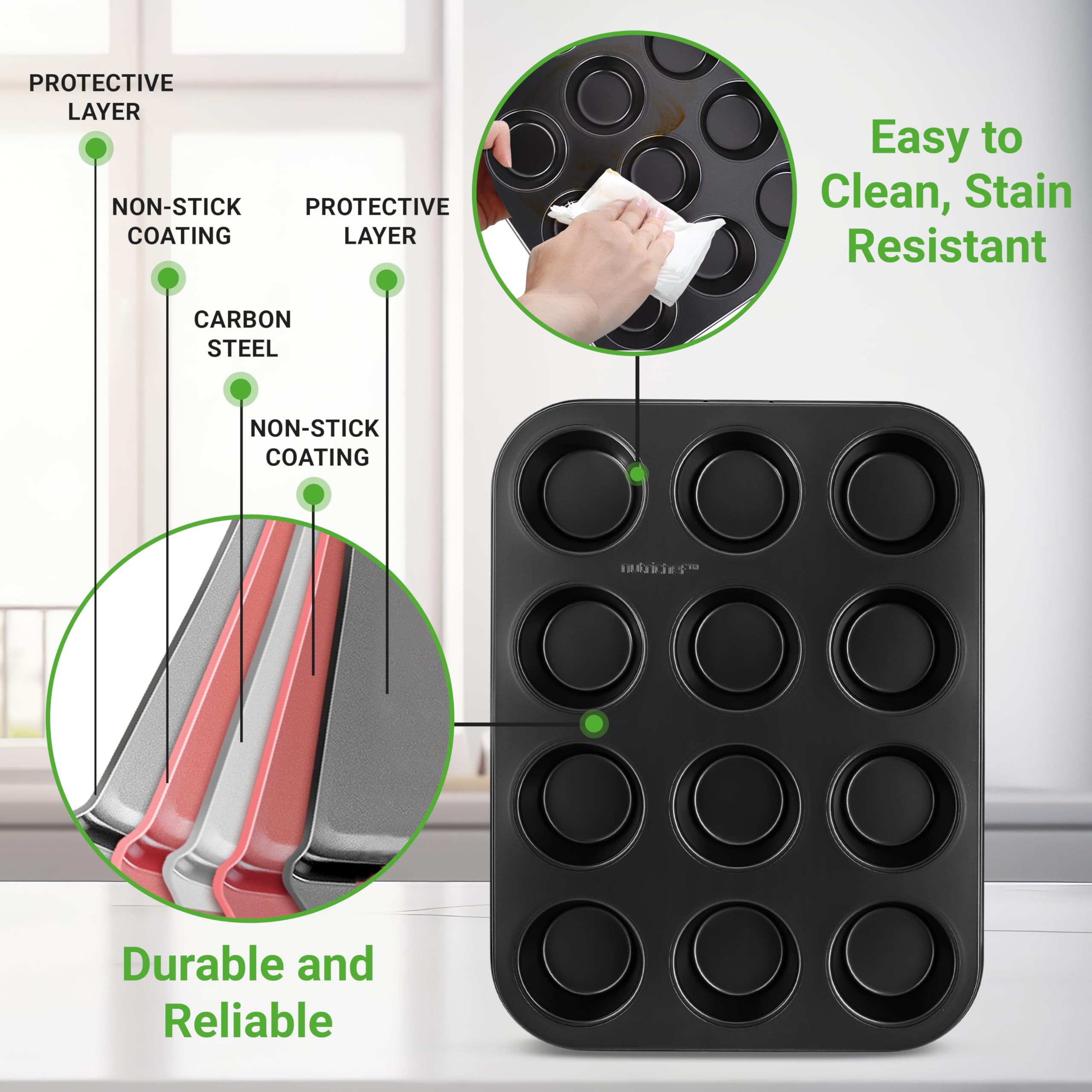 NutriChef Muffin Pans for Baking 4-Pack | Nonstick 12 Mold Cupcake Tins | Carbon Steel Stackable Cup Cake Trays | Dishwasher & Oven Safe | Includes 200 Parchment Paper Liners | 13 x 10 x 1 | Black