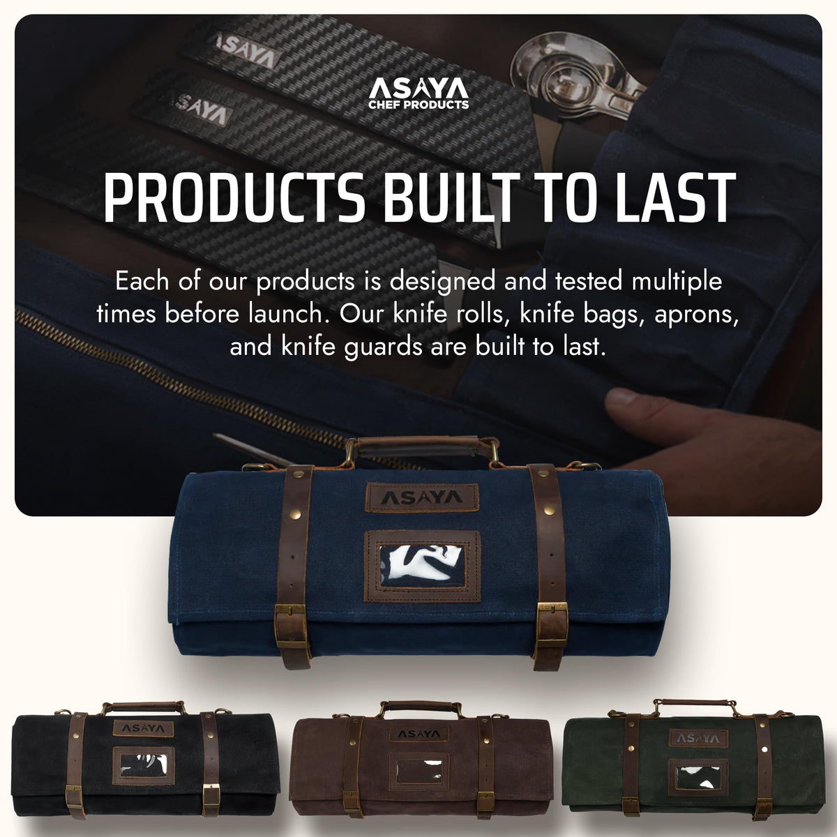 Asaya Waxed Canvas Knife Roll Bag - 15-Slot Chef Knife Bag with Leather Straps, Large Zippered Pocket and Card Holder - Carrying Case for Chefs and Culinary Students – Knives Not Included (Blue)
