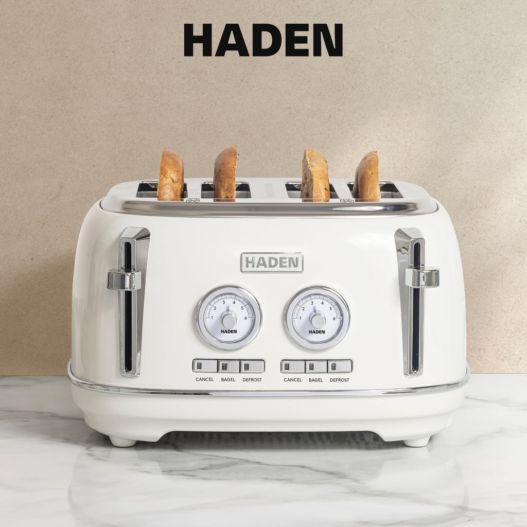 Haden Dorset 4 Slice Wide Slot Stainless Steel Toaster with Adjustable Browning Control & Non-Slip Feet, Ivory & Chrome