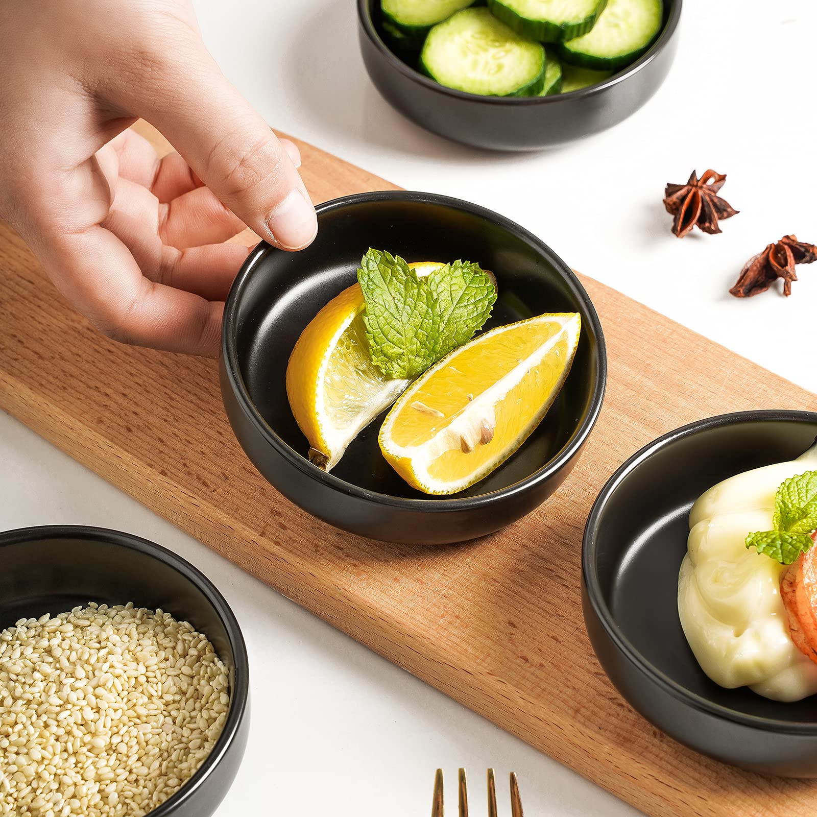 Selamica 3.3 Inch Soy Sauce Dish Ceramic Dipping Bowls Side Dishes Small Appetizer Pinch Bowls for Condiments, Sushi, Ketchup, BBQ-Set of 12(Matte Black)
