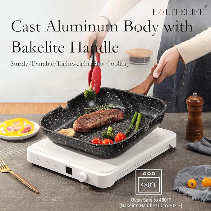 ESLITE LIFE 11 Inch Nonstick Grill Pan for Indoor Cooking, Versatile Induction Square Large Grilling Skillet Steak Pan for Stove Tops, PTFE & PFOA Free, Black