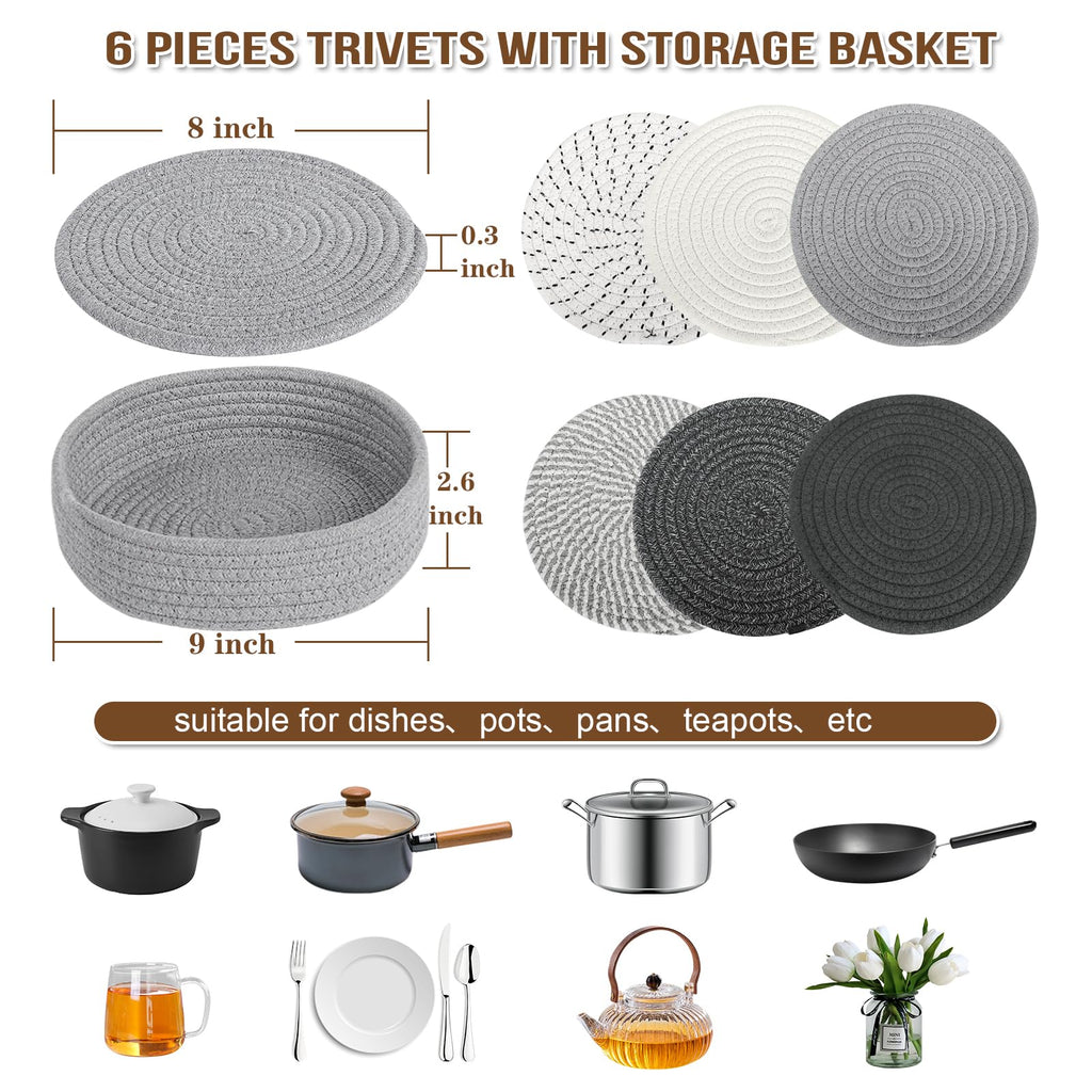 BUEDM 8 Inch Trivets for Hot Dishes, 6 Pcs Cotton Hot Pads with Basket