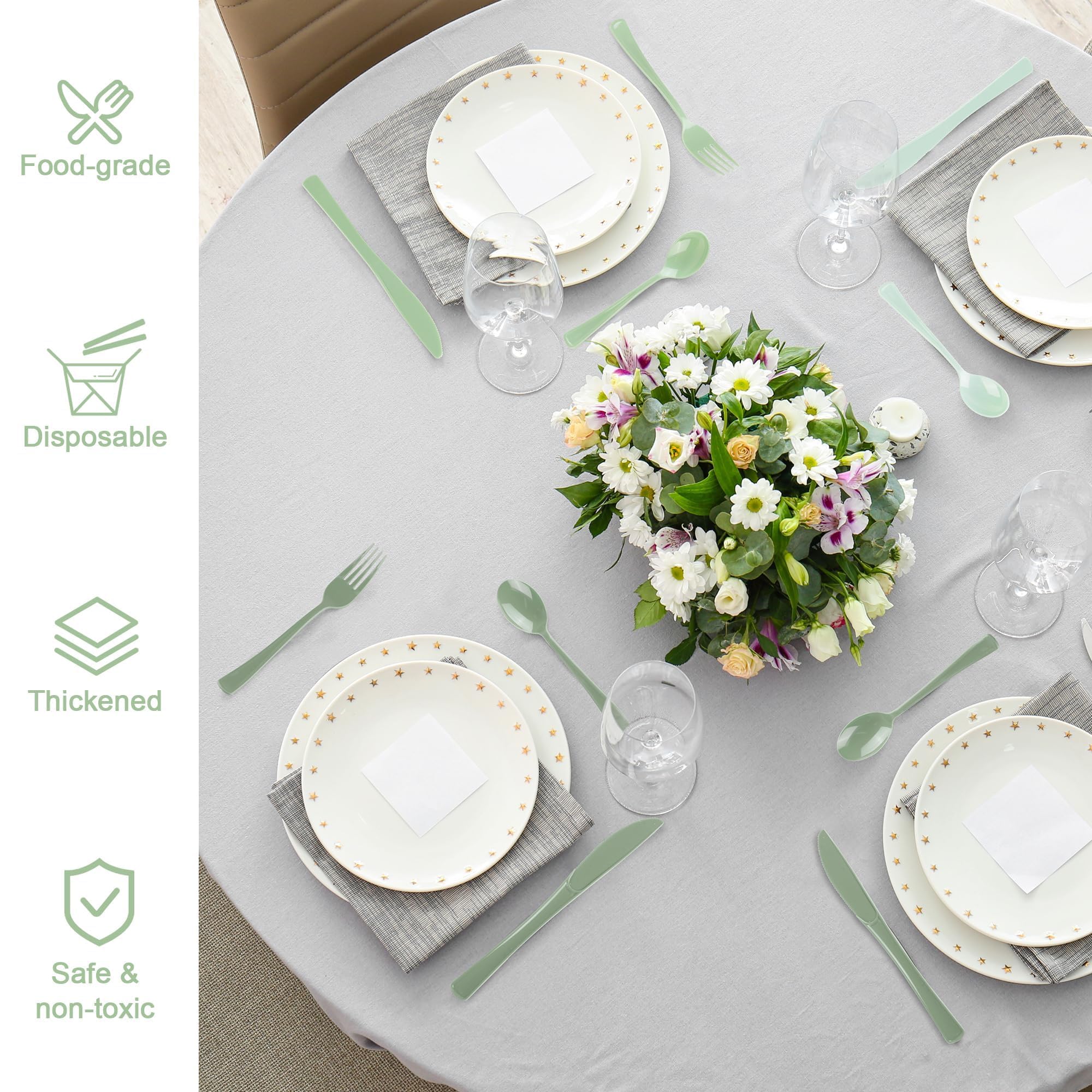 Kochorie 300 Pieces Sage Green Plastic Silverware with Spoons Forks Knives