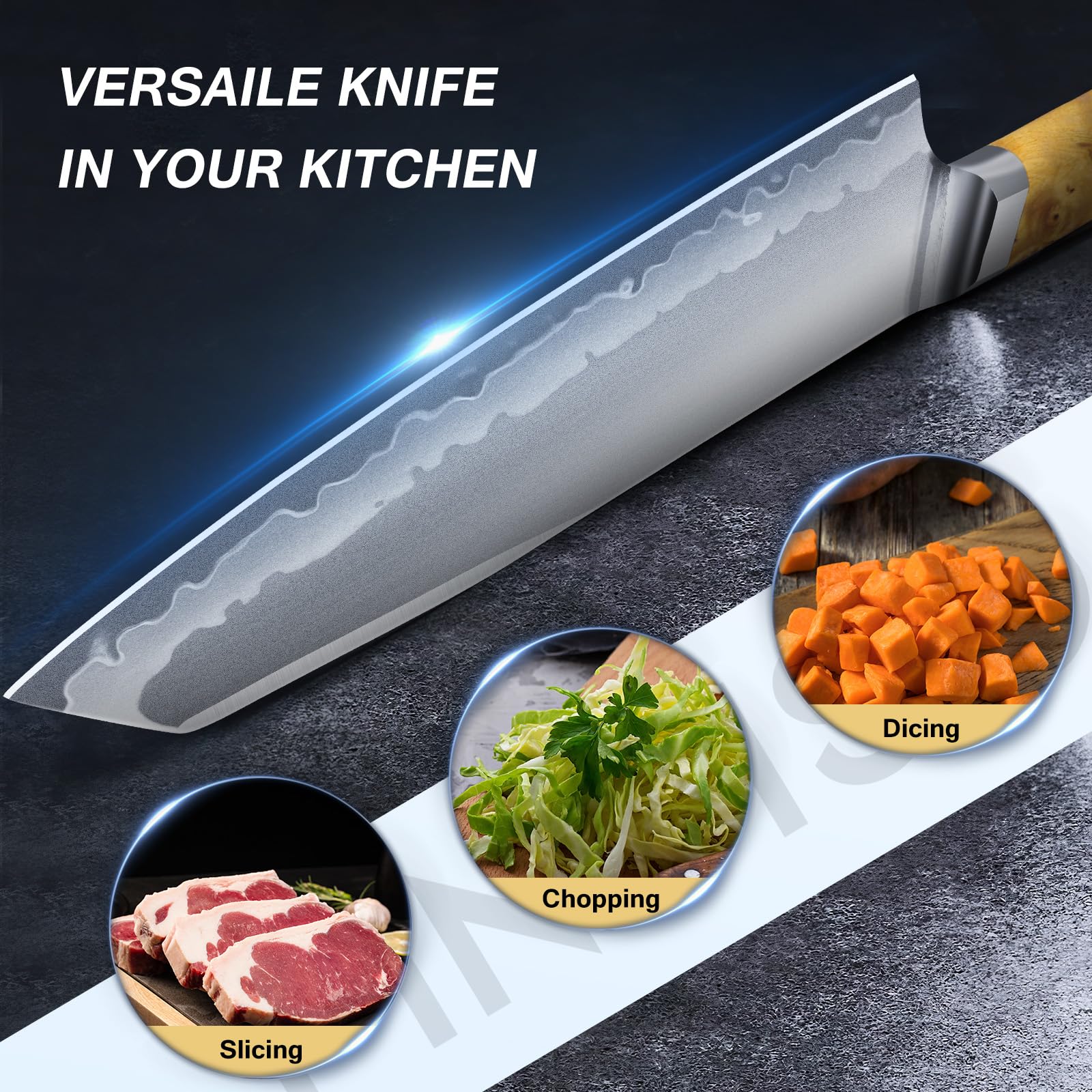FINTISO 8" Chef Knife, S35VN Powder Steel Core Japanese Kitchen Knife