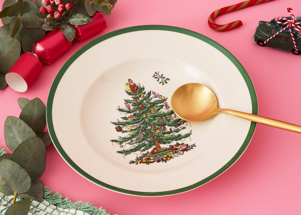 Spode Christmas Tree 9" Soup Plate (Set of 4) – Stoneware Bowls with Festive Tree Design & Green Rim, Ideal for Serving Soup, Pasta, Salad – Microwave & Dishwasher Safe Holiday Dinnerware