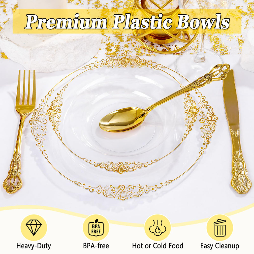 Joyido 100PCS Clear Gold Plastic Bowls - 12 oz Clear Disposable Salad Bowls - Heavy Duty Disposable Soup Bowl - Fancy Plastic Ice Cream Bowl for Weddings, Parties, Dinners, Picnics,