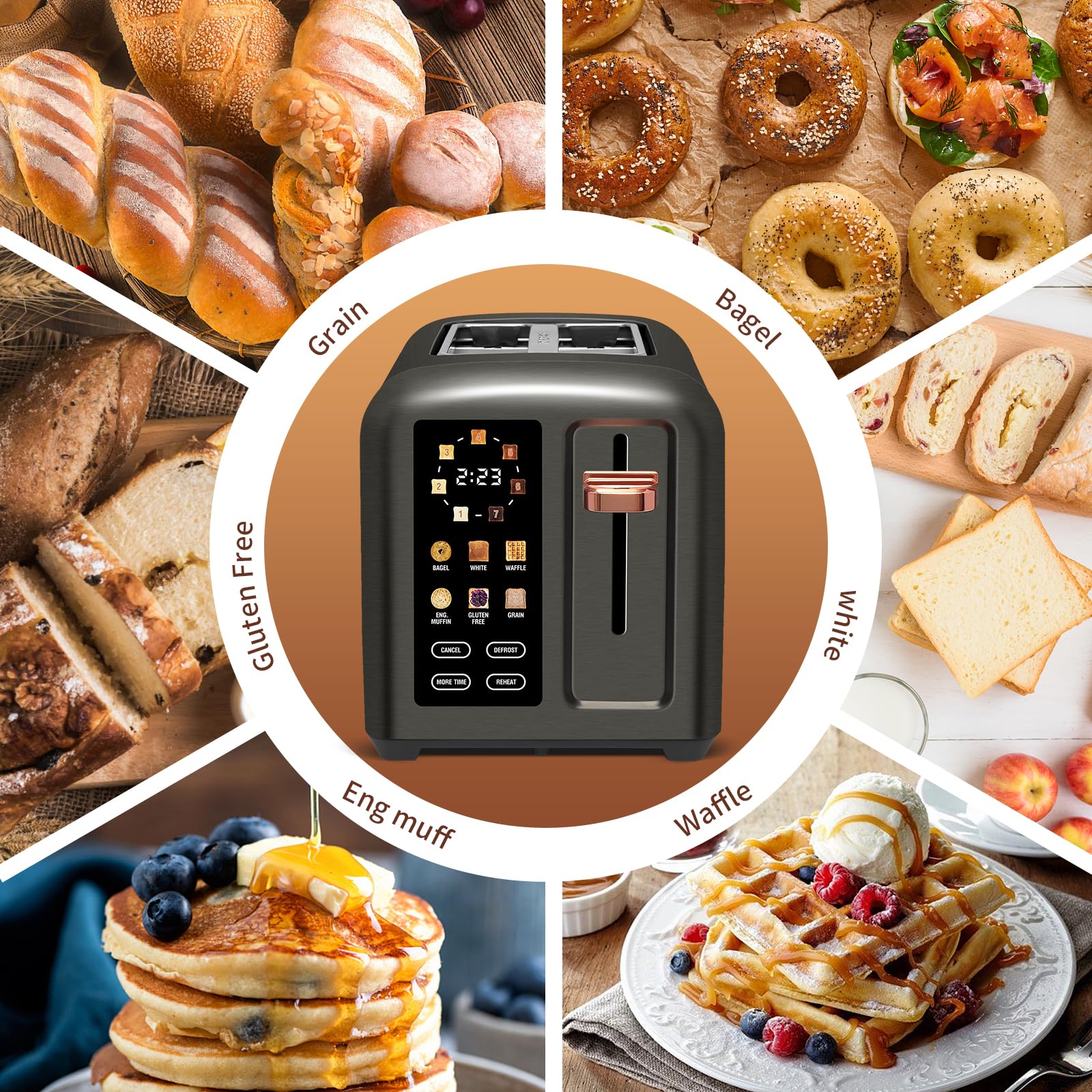 SEEDEEM Touchscreen Toaster 2 Slice, 7 Shade, Stainless, 1350W Dark Metallic