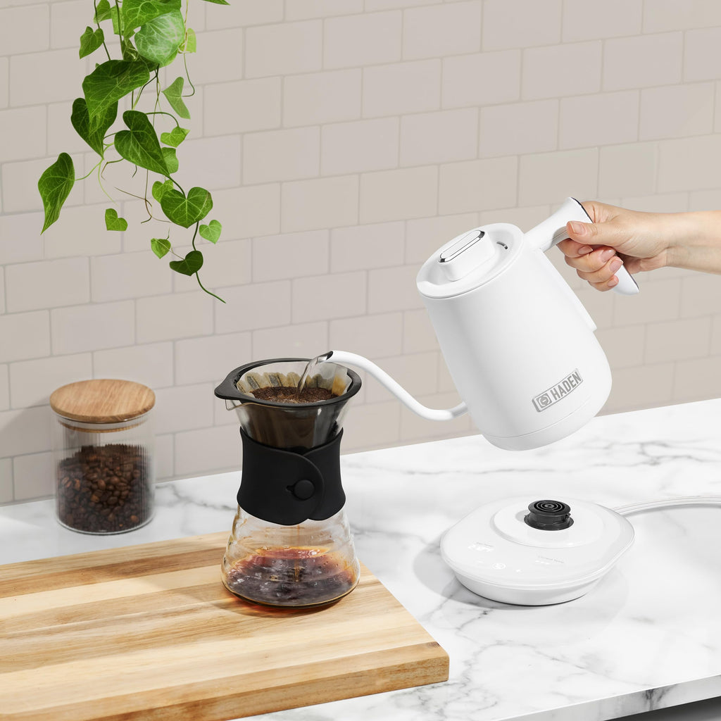 Haden 0.6-Liter Stainless Steel Electric Kettle, Gooseneck Hot Water Kettle with 360-Degree Base and Auto Shutoff, Ivory & Chrome