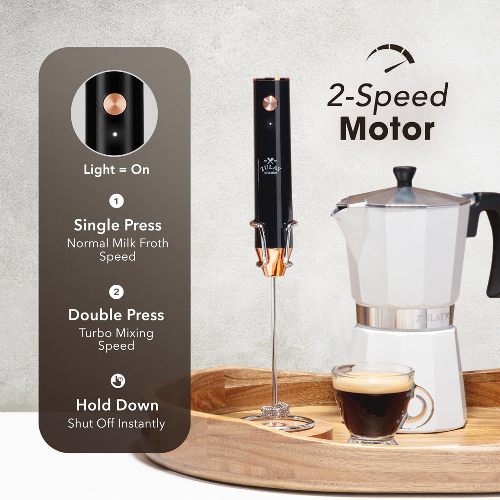 Zulay Kitchen Rechargeable Milk Frother Handheld - Frother Wand, Drink Mixer, Electric Whisk Frother, for Cappuccinos, Matcha & Protein Powder - Lux 4 Whisk 2 Speed Waterproof 2000mAh Black Copper