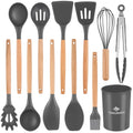 Silicone Cooking Utensils Set, Premium Beech Wood Handle Kitchen Gadgets Utensil Set, Non-Stick Kitchen Utensils Spatula, Tongs, Turner, Whisk, Brush, Spoon, BPA FREE, 446°F Resistant (Dark Gray)