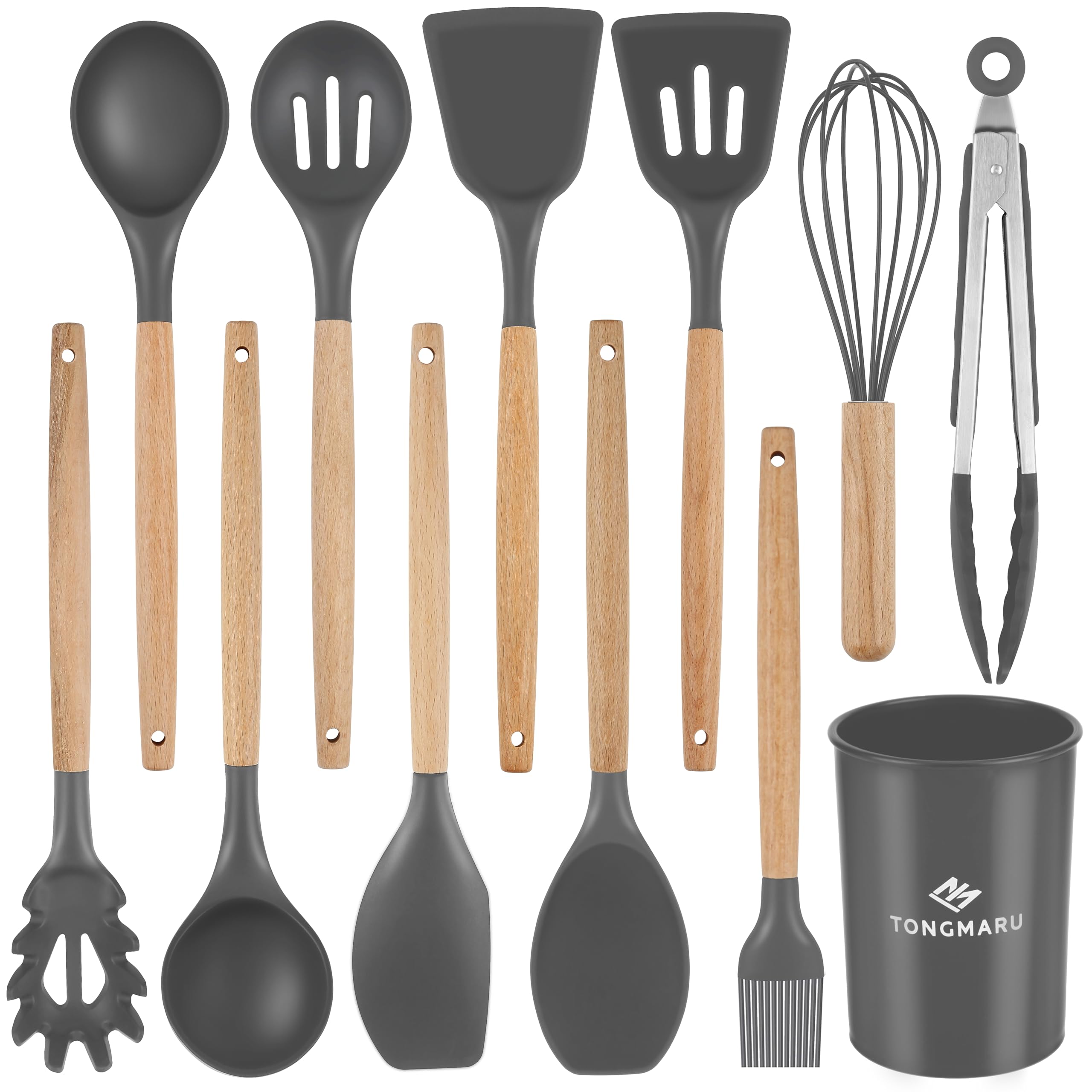 Silicone Cooking Utensils Set, Premium Beech Wood Handle Kitchen Gadgets Utensil Set, Non-Stick Kitchen Utensils Spatula, Tongs, Turner, Whisk, Brush, Spoon, BPA FREE, 446°F Resistant (Dark Gray)