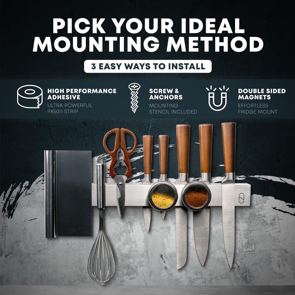 16" Adhesive Magnetic Knife Holder for Wall (No Drill) with 2x Storage - Safe, Patented Storage Design - Stainless Steel Magnet Knife Holder Strip - Magnetic Kitchen Organizer, Tool Storage