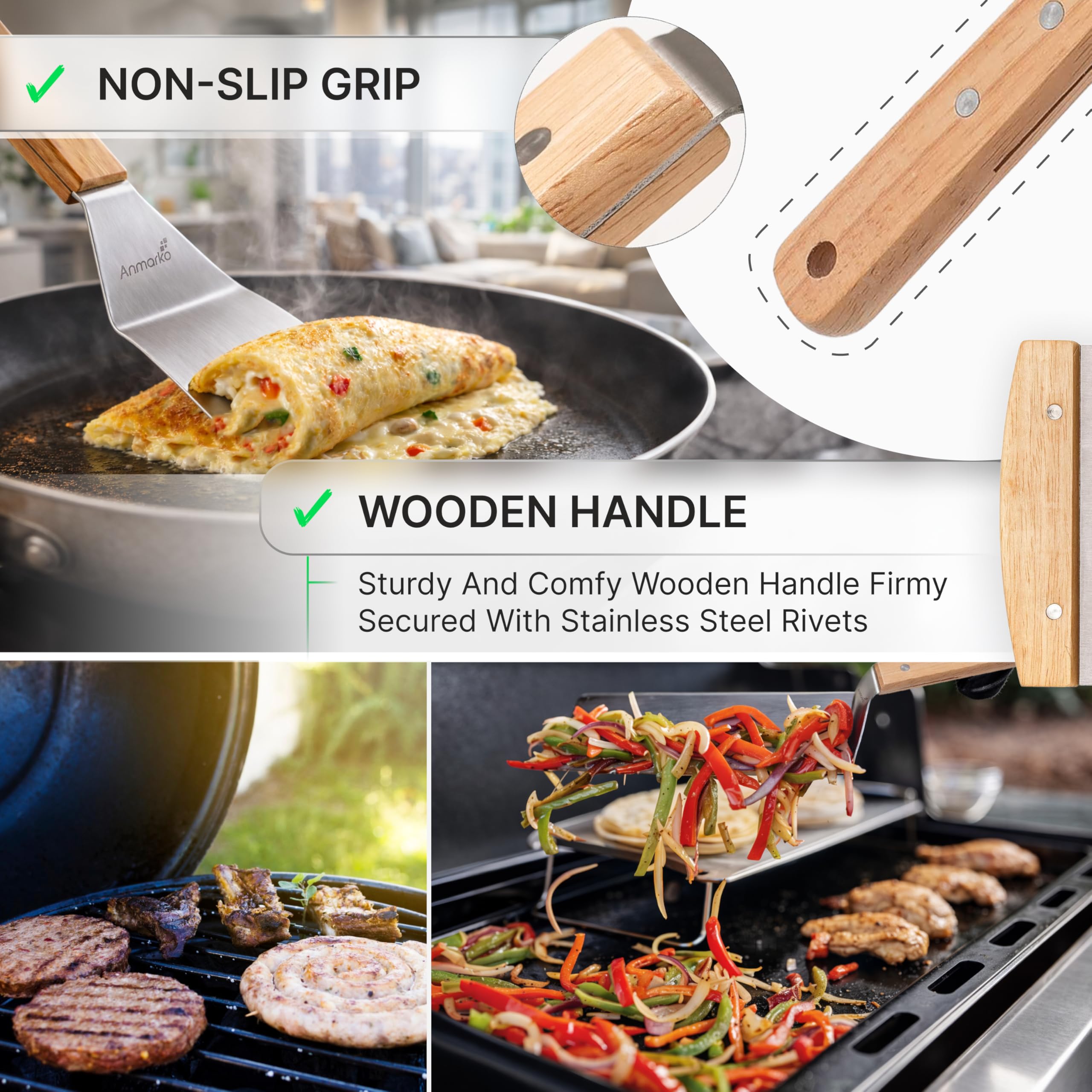 Anmarko Professional Griddle Spatula Set - Stainless Steel Metal Spatula and Griddle Scraper - Heavy Duty Commercial Grade