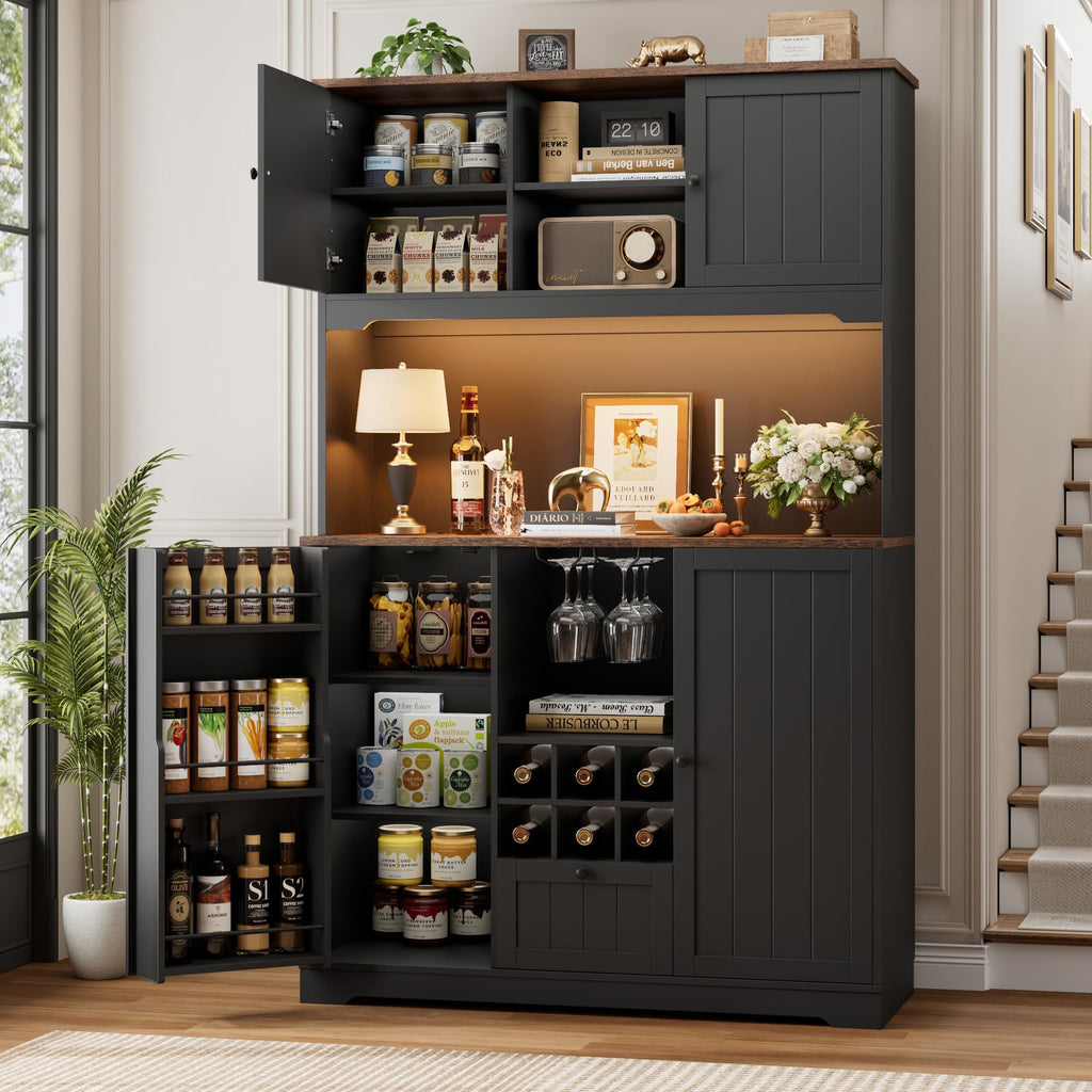 FINETONES 71" Kitchen Pantry Cabinet with LED Light and Charging Station