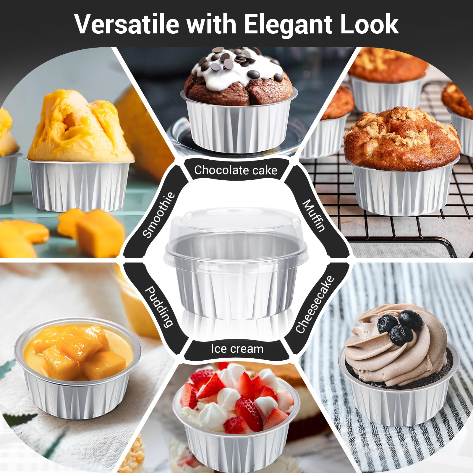 EUSOAR Muffin Cupcake Liners for Baking, 50pcs 5oz 125ml Disposable Ramekins, Aluminum Foil Muffin Liners Cups with Lids, Disposable Aluminum Foil Cupcake Baking Cups Holders Cases Boxes Pans with Lid