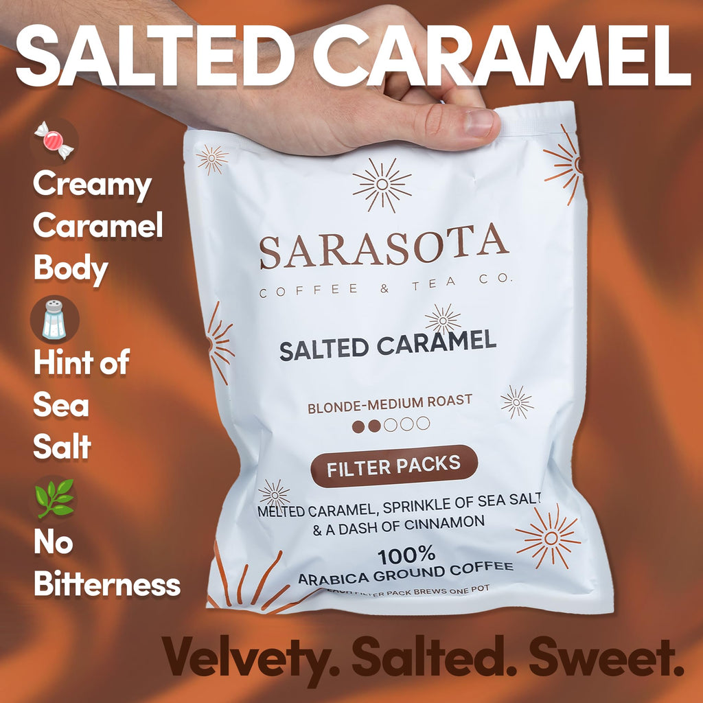 Ground Flavored Coffee In Filter Packs | Salted Caramel | Medium Roast Low Acid Mold Free Pouches | Bulk Packets Gourmet Bags for 10-12 Cup Drip Maker | Highest Rated Individual Premeasured Coffee