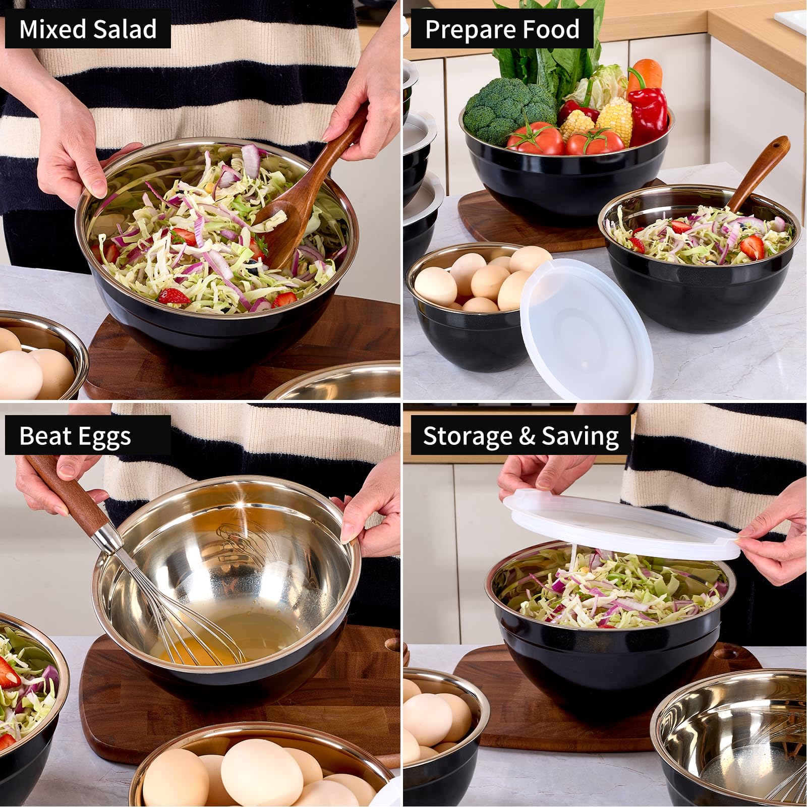 LKTDYMEG Black Mixing Bowls with Lids Set of 7, Stainless Steel Nesting Bowl with Khaki Lid for Non-slip Mixing Prepping Storing Serving, 7 Sizes-7/3.6/2.7/2.1/1.5/1/0.8 QT