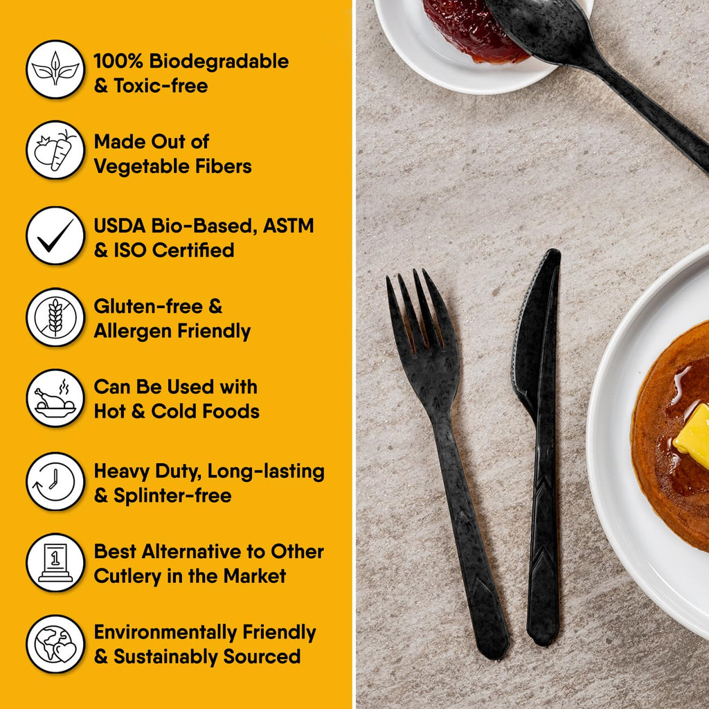 Premium Quality100% Biodegradable Black Spoons Made of Vegetable Fibers, 100 PCS of 6.7” Long Heavy-Duty and Splinter Free Eco-Friendly Spoons, Perfect Sustainable Cutlery for All Types of Occasions