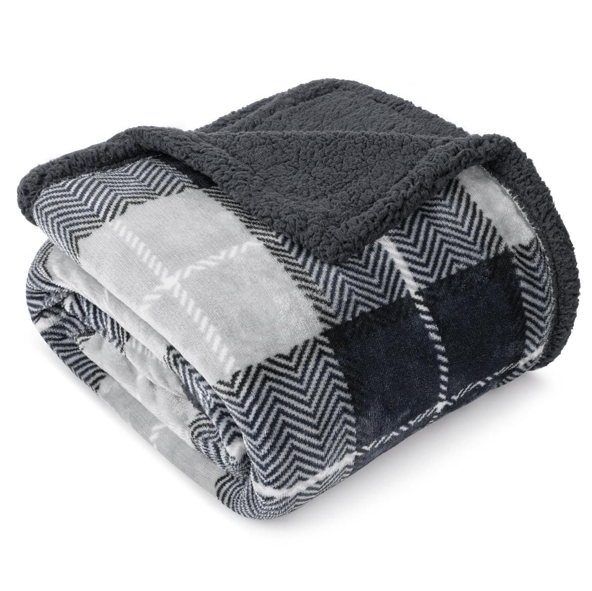 PAVILIA Twin Plaid Sherpa Throw Blanket for Couch Sofa Bed, Navy, 60x80
