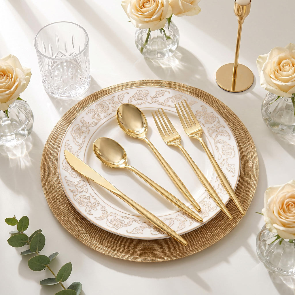 SUT 150PCS Gold Plastic Silverware Set, Heavy Duty Disposable Cutlery for Party,Includes 50 Forks, 50 Spoons and 50 Knives, Elegant Plastic Flatware for Wedding, Birthday and Catering