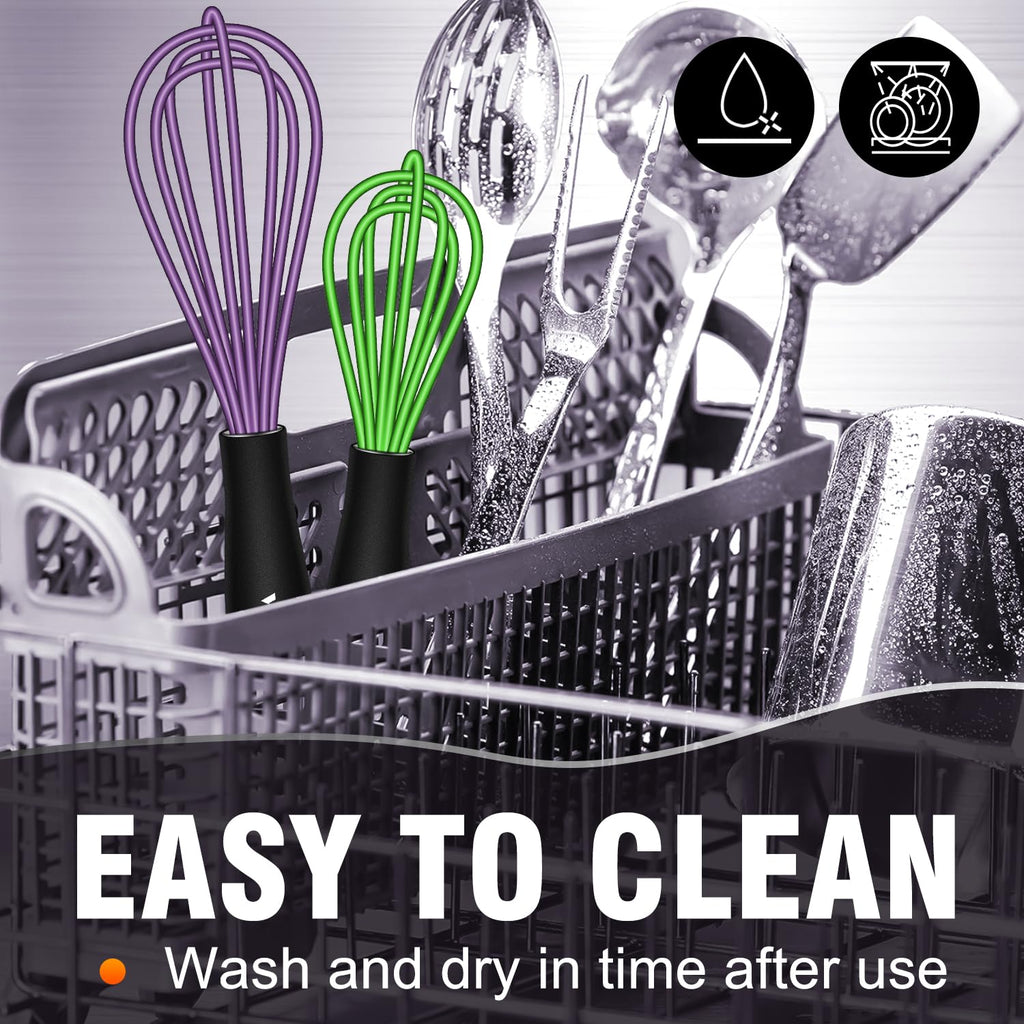 Walfos Whisk,5+7Inch Mini Whisks,Silicone Non Scratch whisk,Heat Resistant(480°F) Small whisks Suitable for stirring individual eggs and mixing small amounts of powder and sauce. Purple & Green
