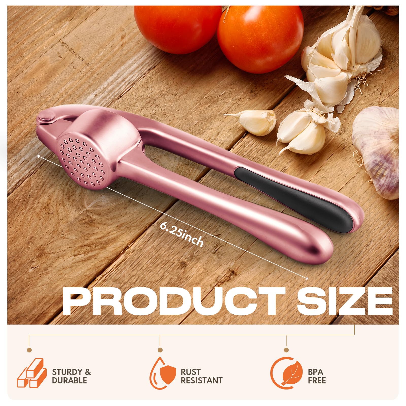 Kitchen Garlic Press, Rust Proof & Dishwasher Safe Garlic Mincer, Durable Garlic Crusher Set with Peeler＆Brush, Easy to Clean and Squeeze, Rose