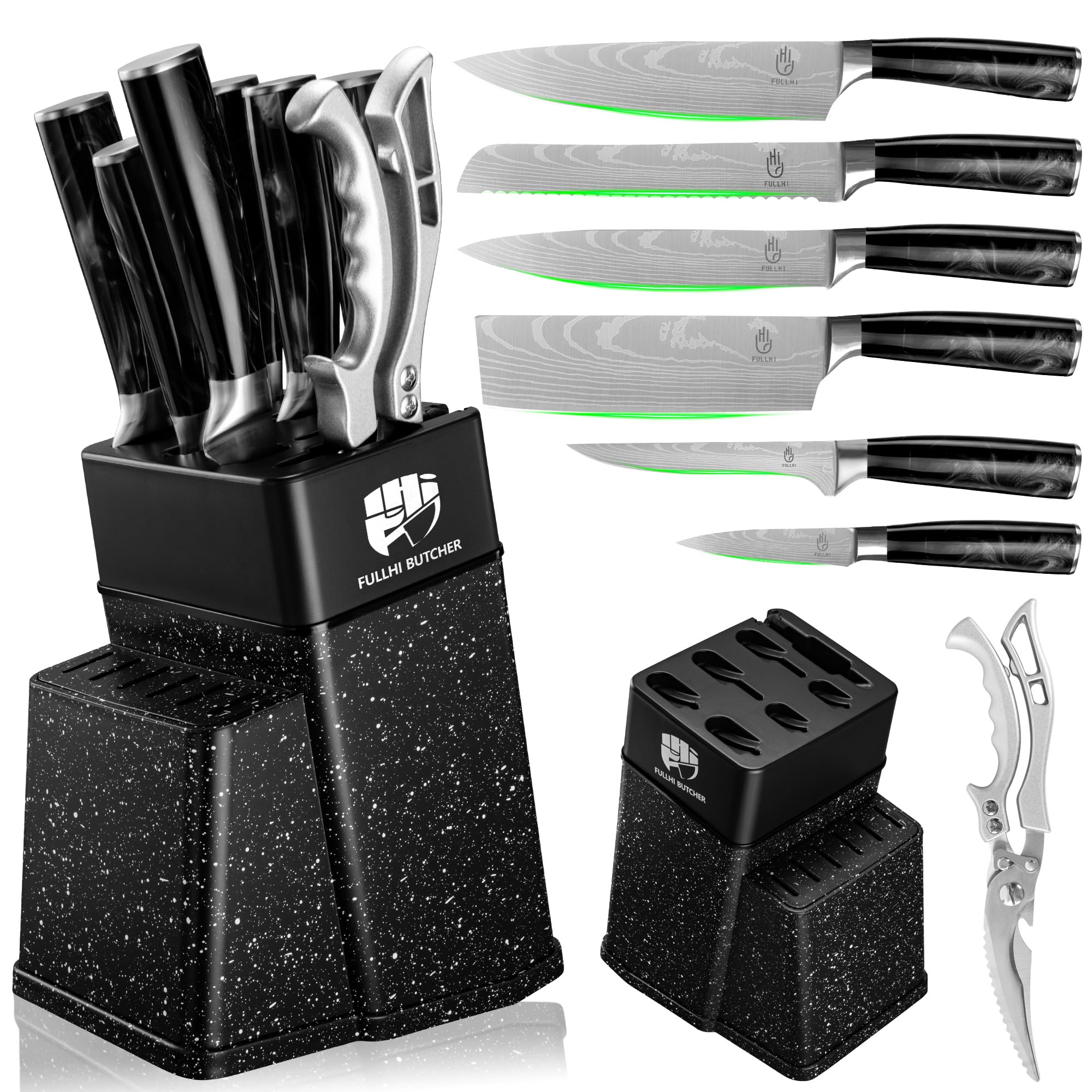 FULLHI 8pcs block Knife Set,chef's Knves Set with Block and Sharpener, Kitchen Knife Set,Multi-colour Handle, Gifts for Men Women