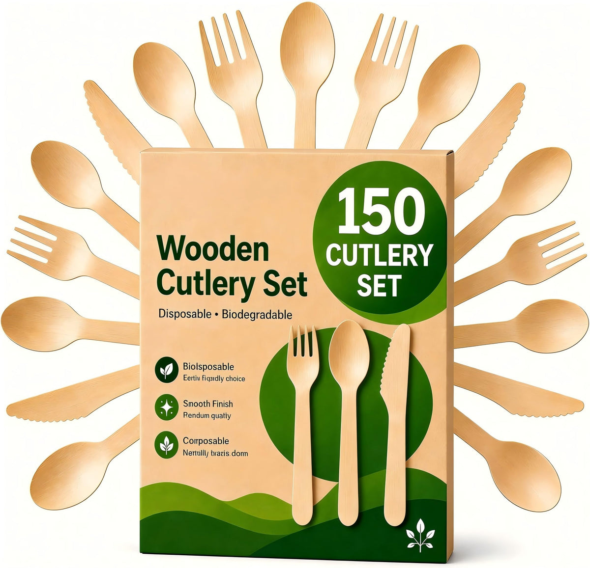 100% Compostable Cutlery Set - 150 Pieces Wooden Utensil Set [50 Wooden Forks, Wooden Spoons, Knives] - Disposable Wooden Cutlery, Eco Friendly Forks, Spoons, Knives Set Compostable Utensils