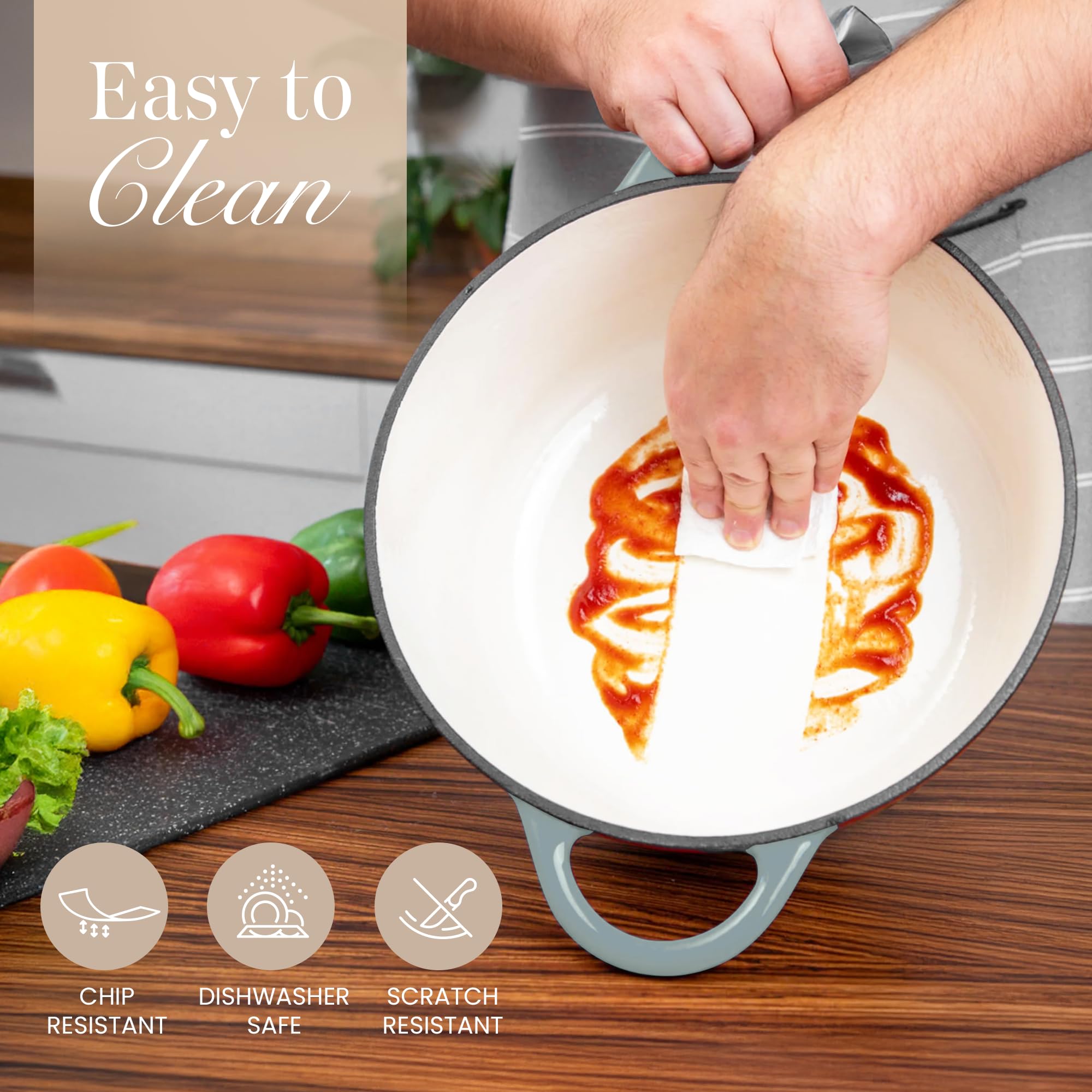 Nuovva Enamelled Cast Iron Dutch Oven Pot with Lid 6.4 Quart Non Stick Casserole Pot-Heavy Duty & Oven Safe up to 500° F for Bread Baking, Braising, Stews, Roasting - 28cm Sea Salt