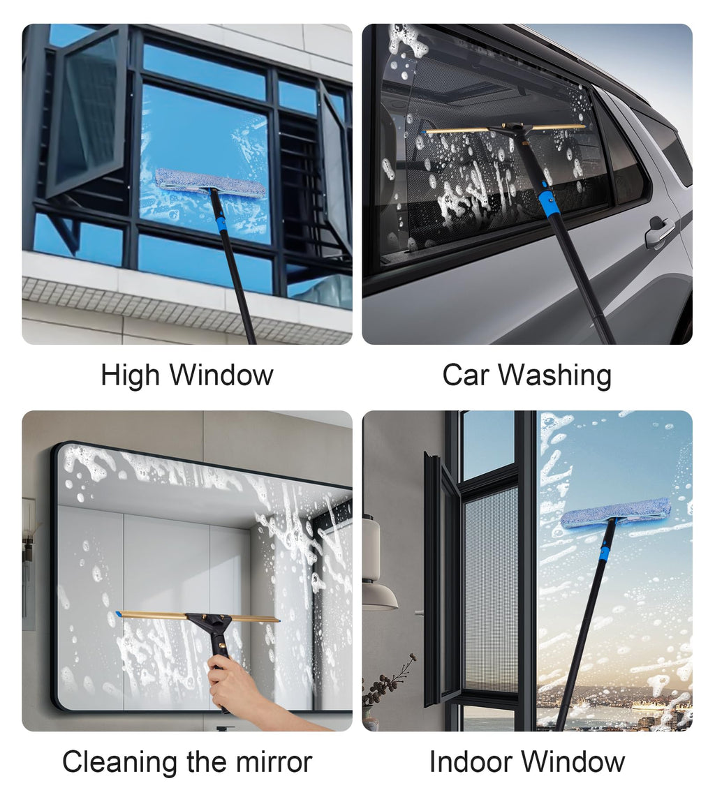 Swivel Squeegee Kit with 4 Extension Poles,Glass Scraper, Bendable Duster, 2 Window Scrubber Cloth for Glass, Car, Floor, Home,Garden