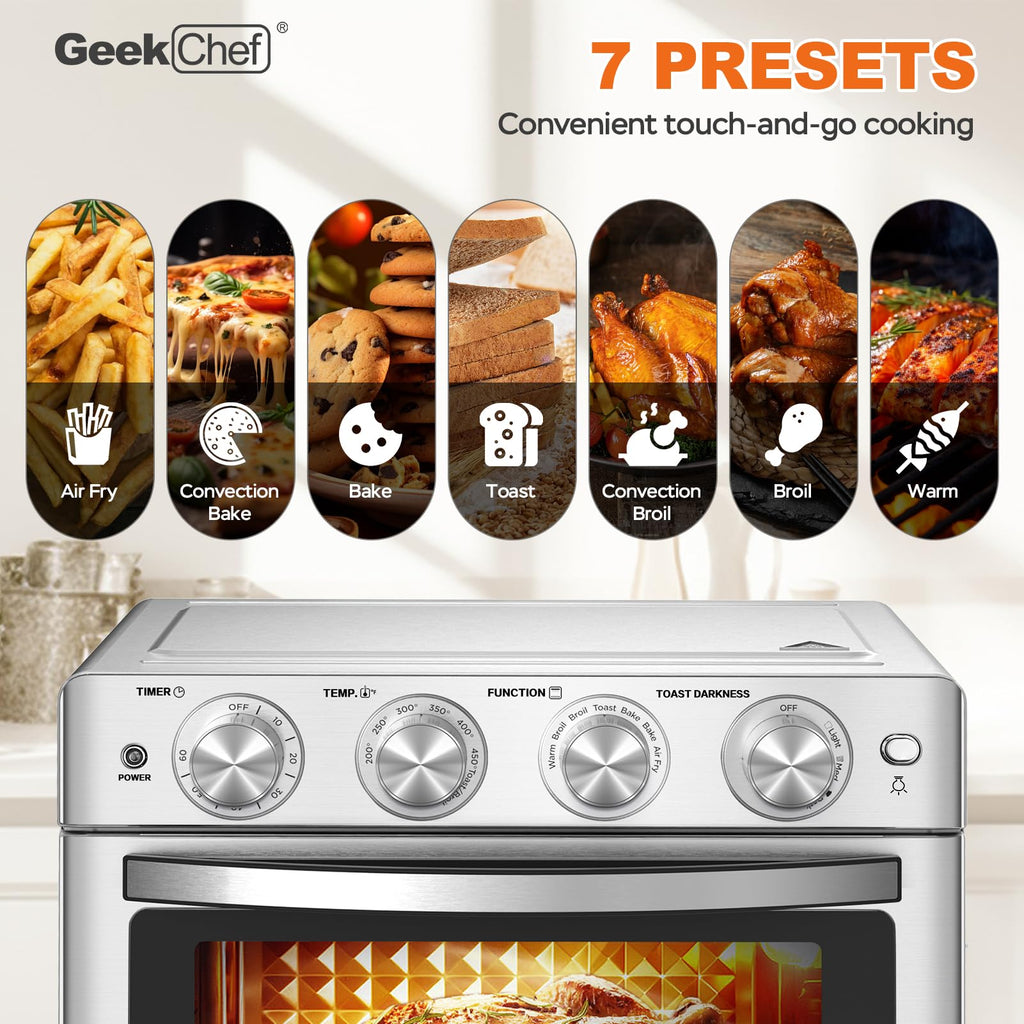 Geek Chef Air Fryer Toaster Oven 26 QT, Large AirFryer Convection Countertop Oven Combo with Easy Bake, Roast, Broil, Warm, 6 Slice Toast 7-in-1 Functions, 3 Layers with 4 Accessories,Stainless Steel