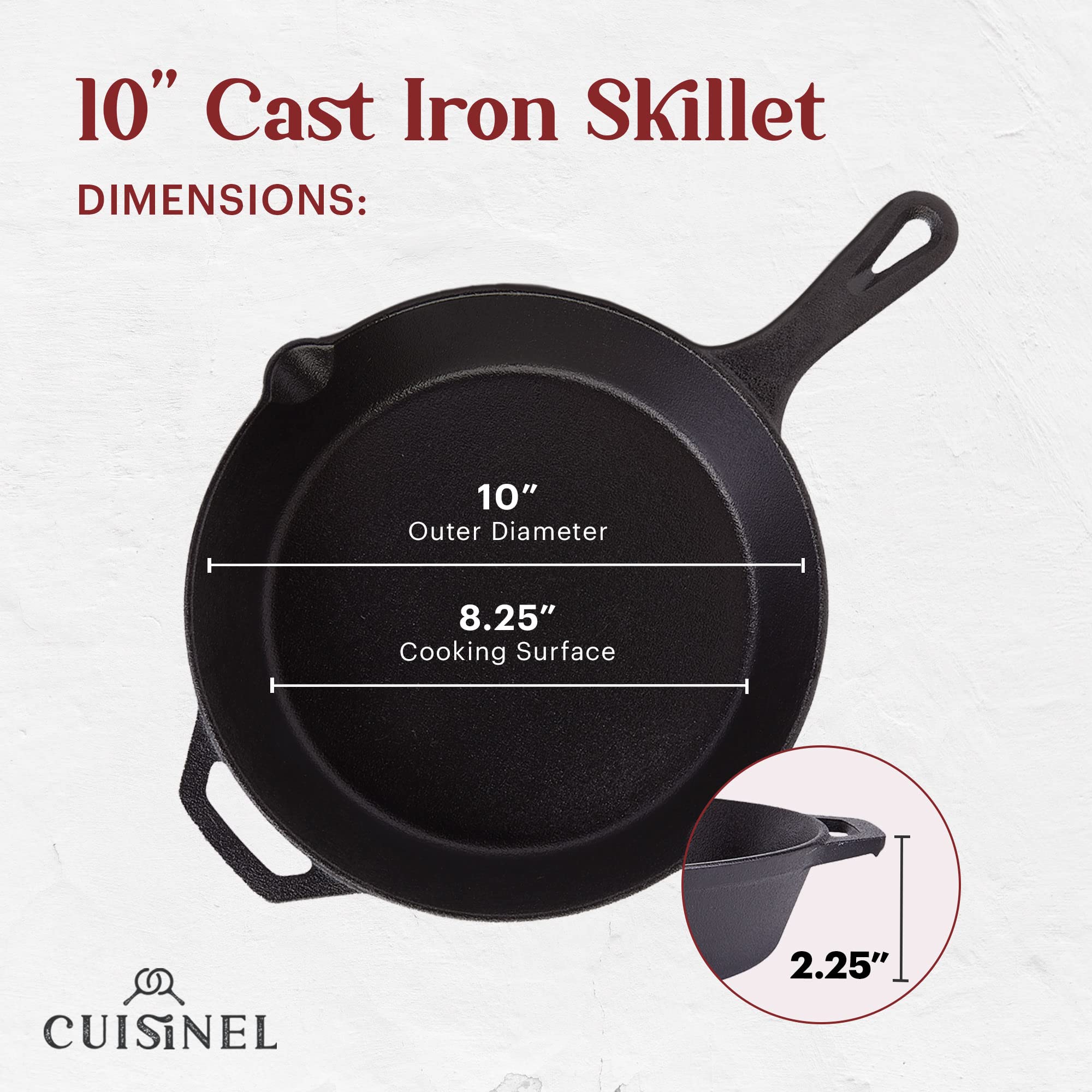 Cuisinel Cast Iron Skillet + Grill Press + Scraper Set - 10"-inch Pre-Seasoned Frying Pan + Silicone Handle Grip - 7" Round Burger Smasher - Indoor/Outdoor, Grill, Kitchen Cookware. PFAS and PFOA-free