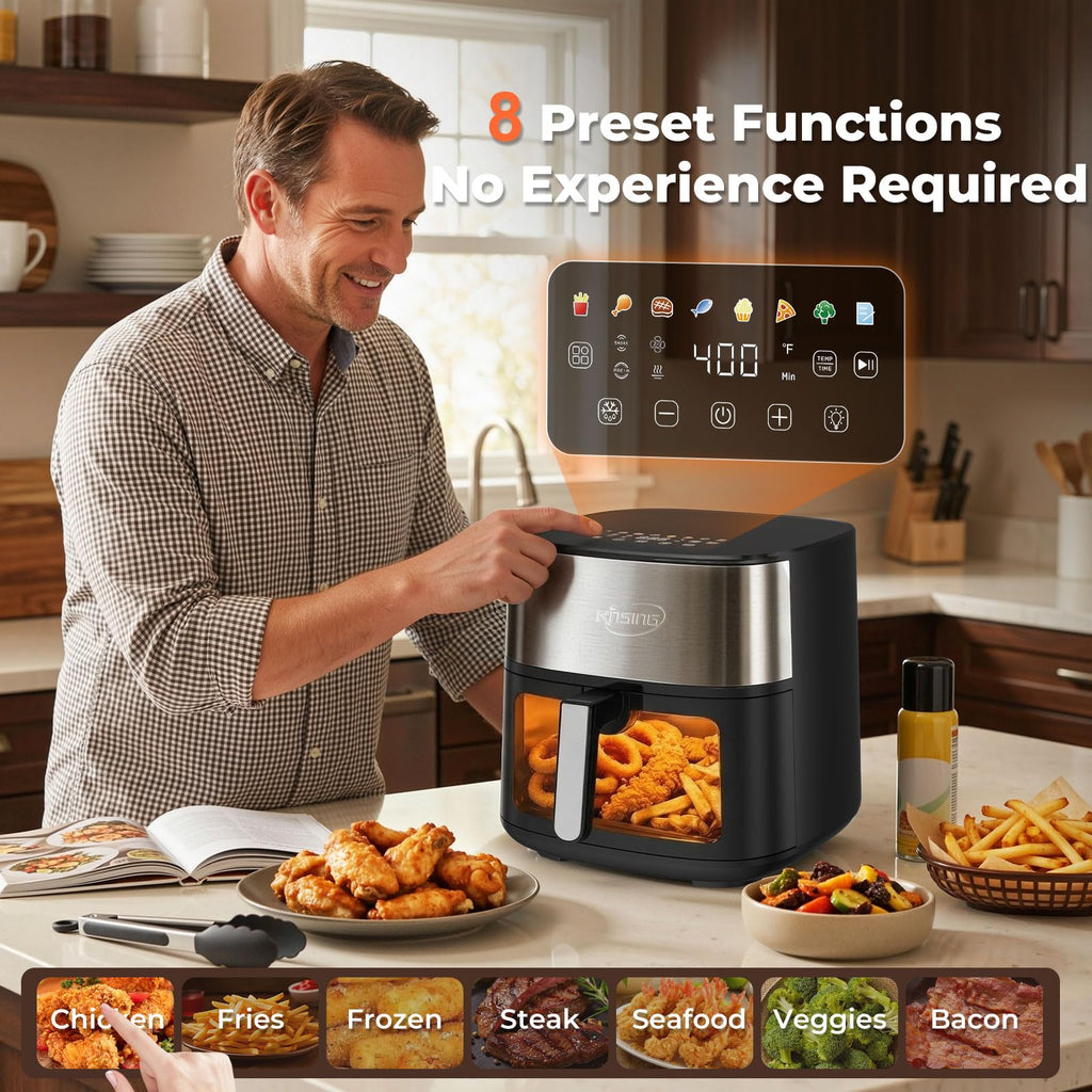 KINSING Air Fryer 8 in 1, XL 8.5 QT Large Airfryer with View Windows,MAX 400℉ for Crispy, 85% Less Oil, Fast Roast, Preheat, Shake, Bake, Non-Stick Basket for Easy Clean, With Professional Recipes