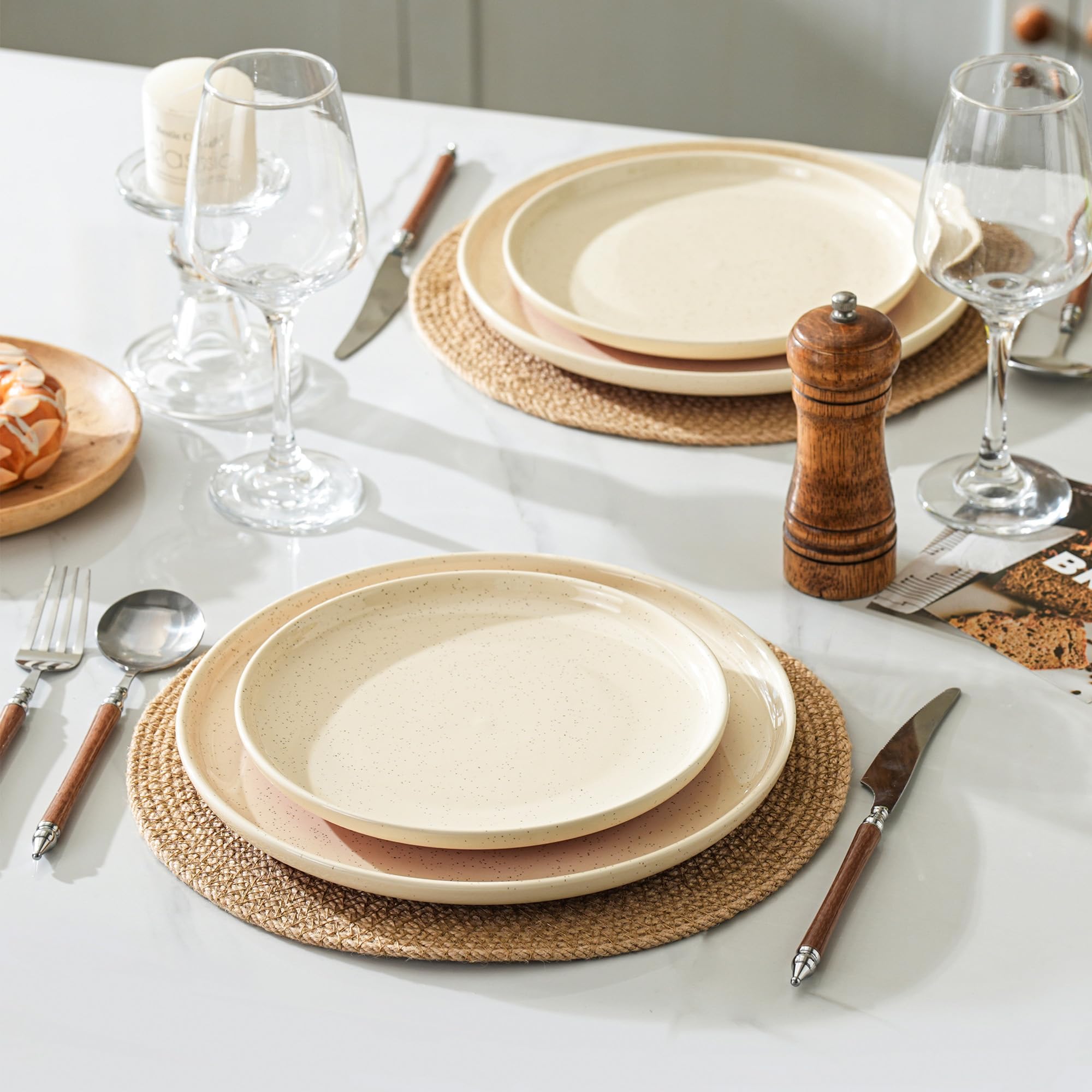 GZG Ceramic Dinner Salad Plates Set of 4, 8 Inch Speckled Dinnerware Dessert Plates with Clay-Tone Base, Microwave Oven Dishwasher Safe