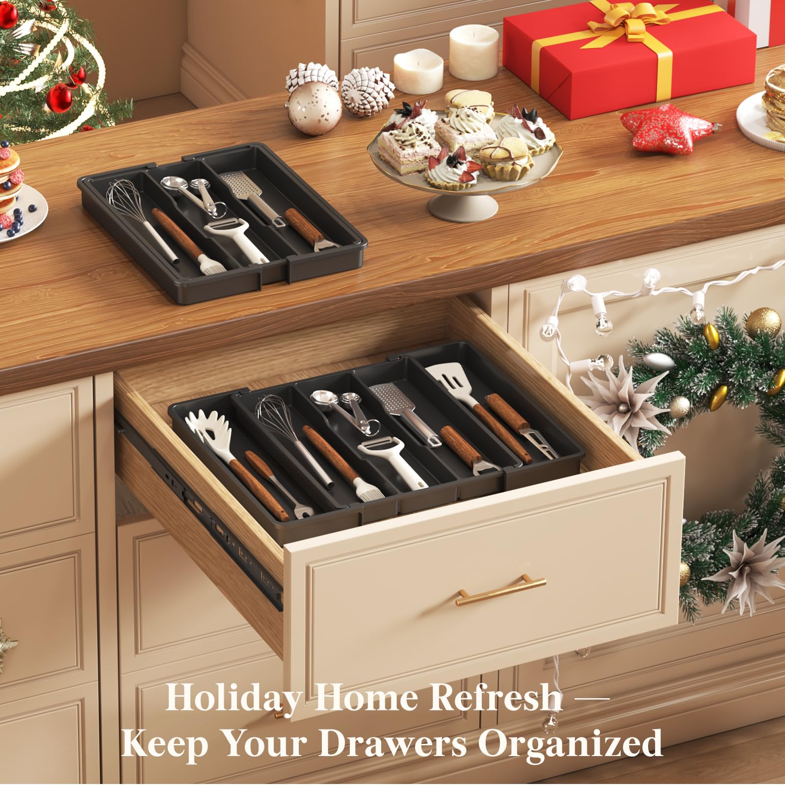 Lifewit Utensil Organizer for Kitchen Drawers, Expandable Cooking Utensil Tray, Adjustable Cutlery Silverware Flatware Holder, Plastic Spatula Tools Storage Divider, 11-18 x 14", Black
